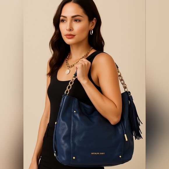 MICHAEL KORS BLUE LEATHER GOLD CHAIN DEVON LARGE SHOULDER TOTE BAG PURSE - Picture 1 of 16